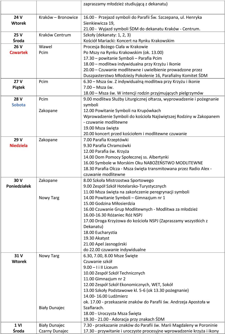 Kraków Centrum Szkoły (dekanaty: 1, 2, 3) Kościół Mariacki: Koncert na Rynku Krakowskim Wawel Pcim Pcim Pcim Zakopane Zakopane Zakopane Nowy Targ Nowy Targ Biały Dunajec Biały Dunajec Czarny Dunajec