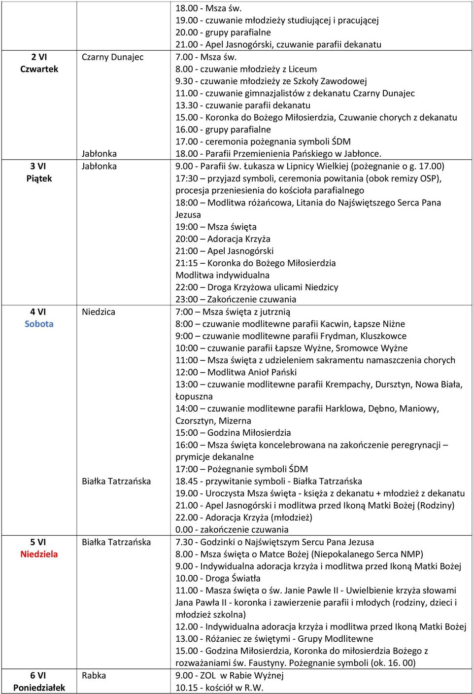 00 - Koronka do Bożego Miłosierdzia, Czuwanie chorych z dekanatu 16.00 - grupy parafialne 17.00 - ceremonia pożegnania symboli ŚDM Jabłonka 18.00 - Parafii Przemienienia Pańskiego w Jabłonce.