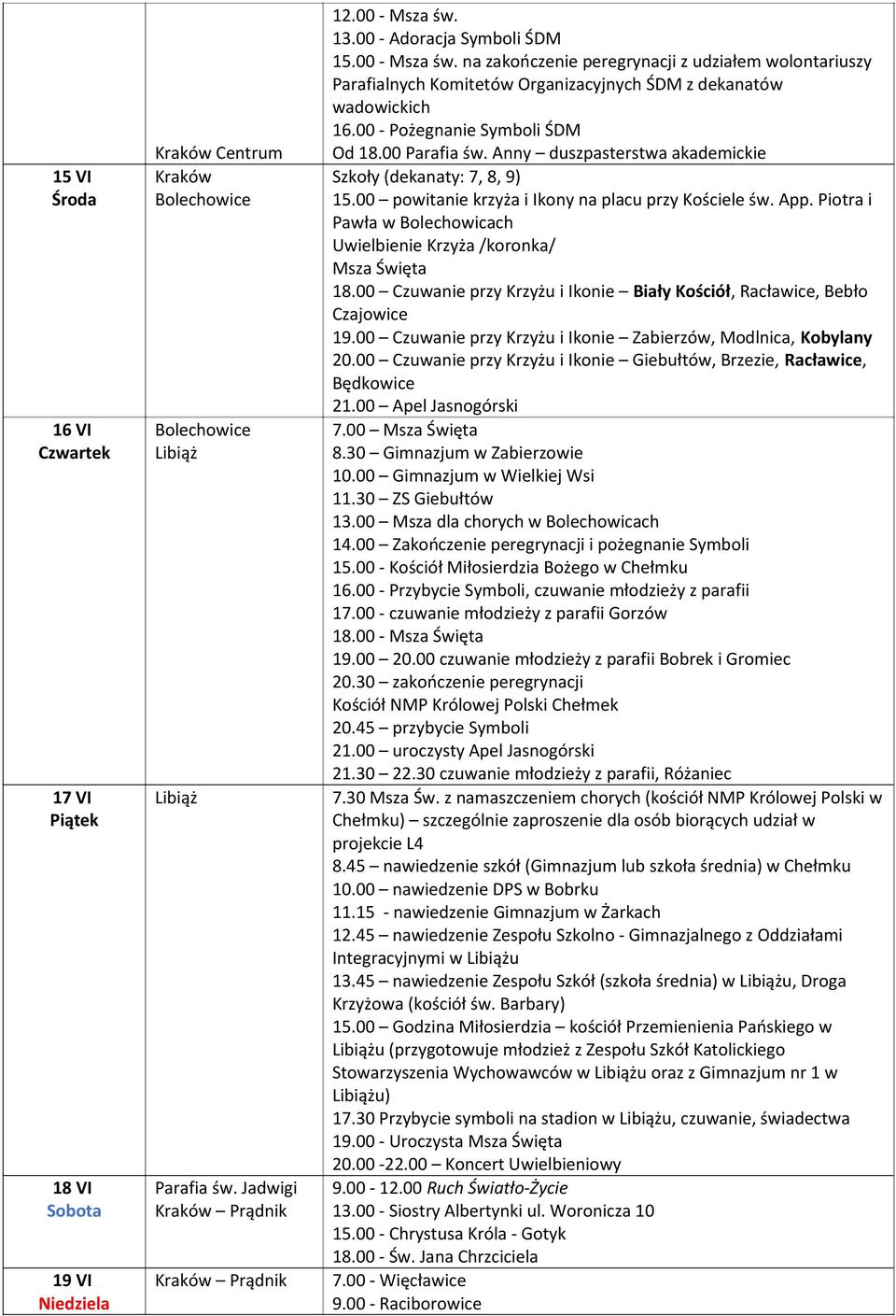 Anny duszpasterstwa akademickie Szkoły (dekanaty: 7, 8, 9) 15.00 powitanie krzyża i Ikony na placu przy Kościele św. App. Piotra i Pawła w Bolechowicach Uwielbienie Krzyża /koronka/ Msza Święta 18.