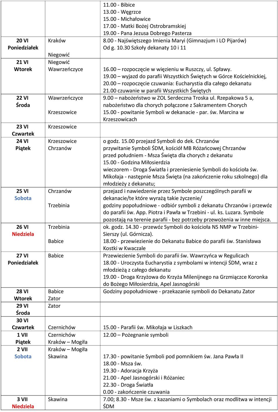 30 Szkoły dekanaty 10 i 11 16.00 rozpoczęcie w więzieniu w Ruszczy, ul. Spławy. 19.00 wyjazd do parafii Wszystkich Świętych w Górce Kościelnickiej, 20.