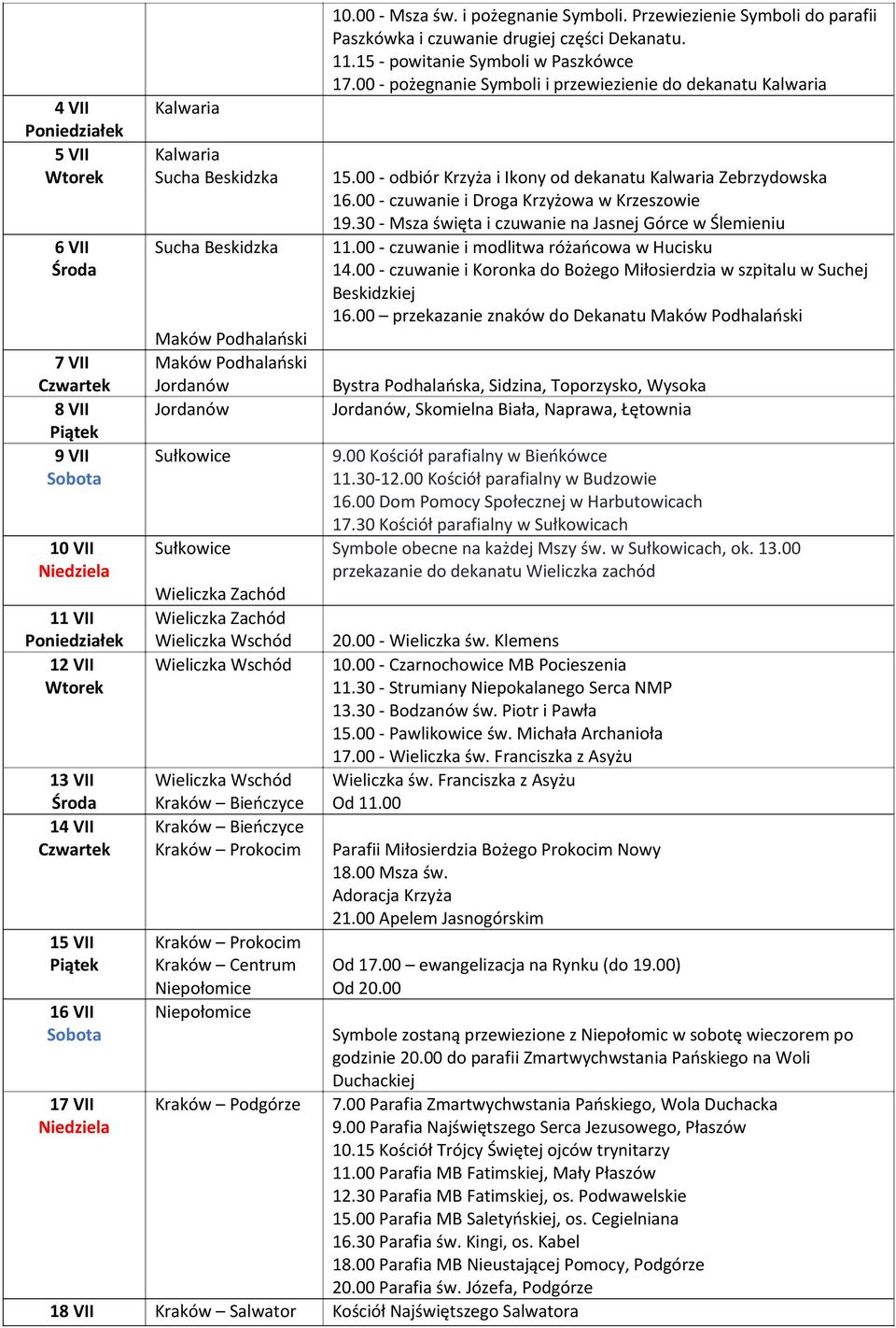 Niepołomice Kraków Podgórze 10.00 - Msza św. i pożegnanie Symboli. Przewiezienie Symboli do parafii Paszkówka i czuwanie drugiej części Dekanatu. 11.15 - powitanie Symboli w Paszkówce 17.
