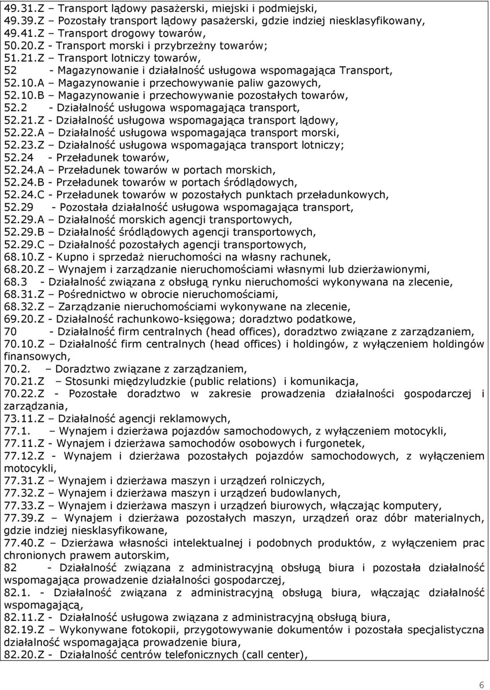 A Magazynowanie i przechowywanie paliw gazowych, 52.10.B Magazynowanie i przechowywanie pozostałych towarów, 52.2 - Działalność usługowa wspomagająca transport, 52.21.