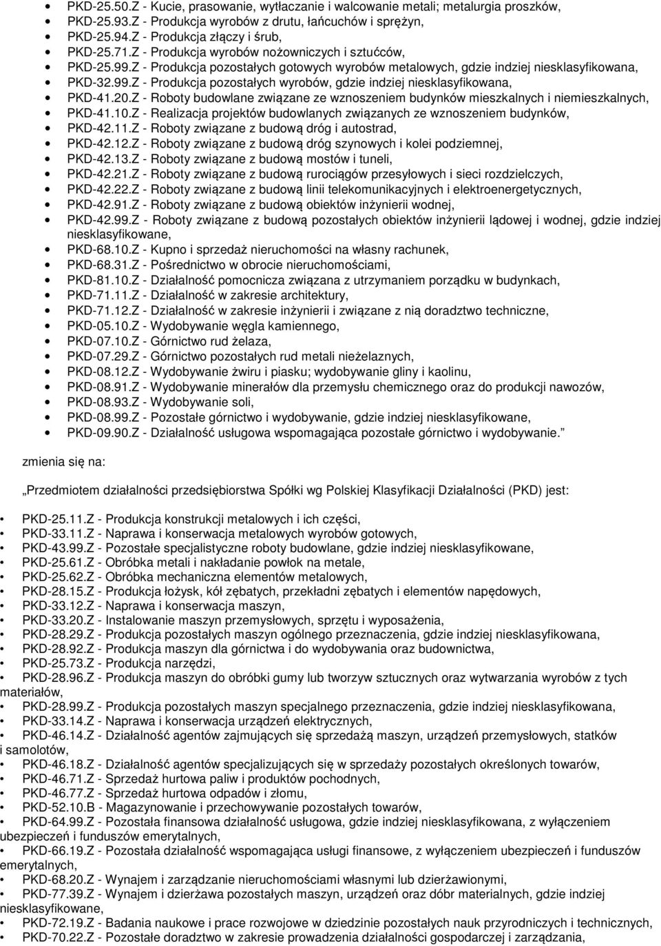 20.Z - Roboty budowlane związane ze wznoszeniem budynków mieszkalnych i niemieszkalnych, PKD-41.10.Z - Realizacja projektów budowlanych związanych ze wznoszeniem budynków, PKD-42.11.