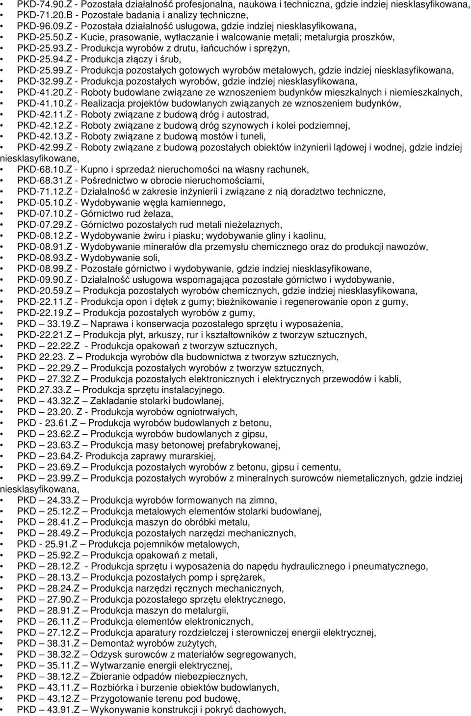 Z - Produkcja wyrobów z drutu, łańcuchów i sprężyn, PKD-25.94.Z - Produkcja złączy i śrub, PKD-25.99.Z - Produkcja pozostałych gotowych wyrobów metalowych, gdzie indziej niesklasyfikowana, PKD-32.99.Z - Produkcja pozostałych wyrobów, gdzie indziej niesklasyfikowana, PKD-41.