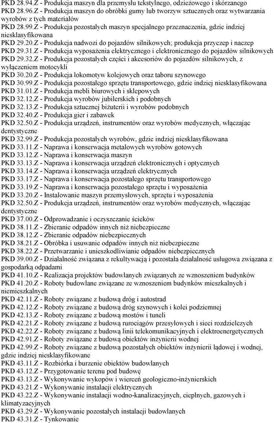 Z - Produkcja pozostałych maszyn specjalnego przeznaczenia, gdzie indziej niesklasyfikowana PKD 29.20.Z - Produkcja nadwozi do pojazdów silnikowych; produkcja przyczep i naczep PKD 29.31.