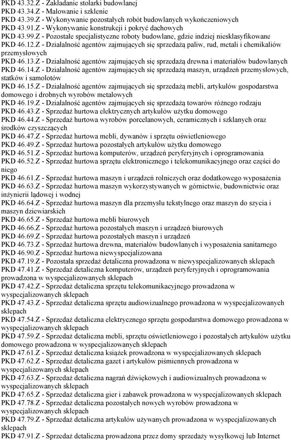 Z - Działalność agentów zajmujących się sprzedażą paliw, rud, metali i chemikaliów przemysłowych PKD 46.13.Z - Działalność agentów zajmujących się sprzedażą drewna i materiałów budowlanych PKD 46.14.