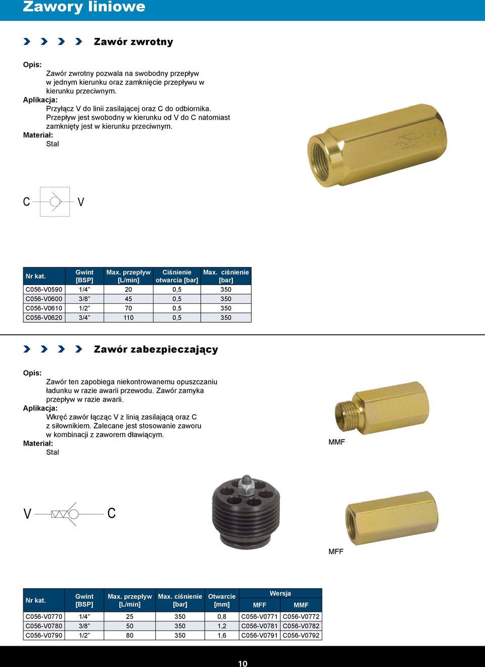 ciśnienie C056-V0590 1/4 20 0,5 350 C056-V0600 3/8 45 0,5 350 C056-V0610 1/2 70 0,5 350 C056-V0620 3/4 110 0,5 350 Zawór zabezpieczający Zawór ten zapobiega niekontrowanemu opuszczaniu ładunku w