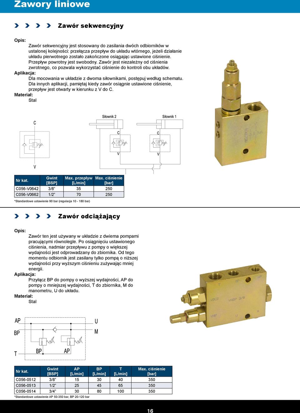 Dla mocowania w układzie z dwoma siłownikami, postępuj według schematu. Dla innych aplikacji, pamiętaj kiedy zawór osiągnie ustawione ciśnienie, przepływ jest otwarty w kierunku z V do C. Gwint Max.