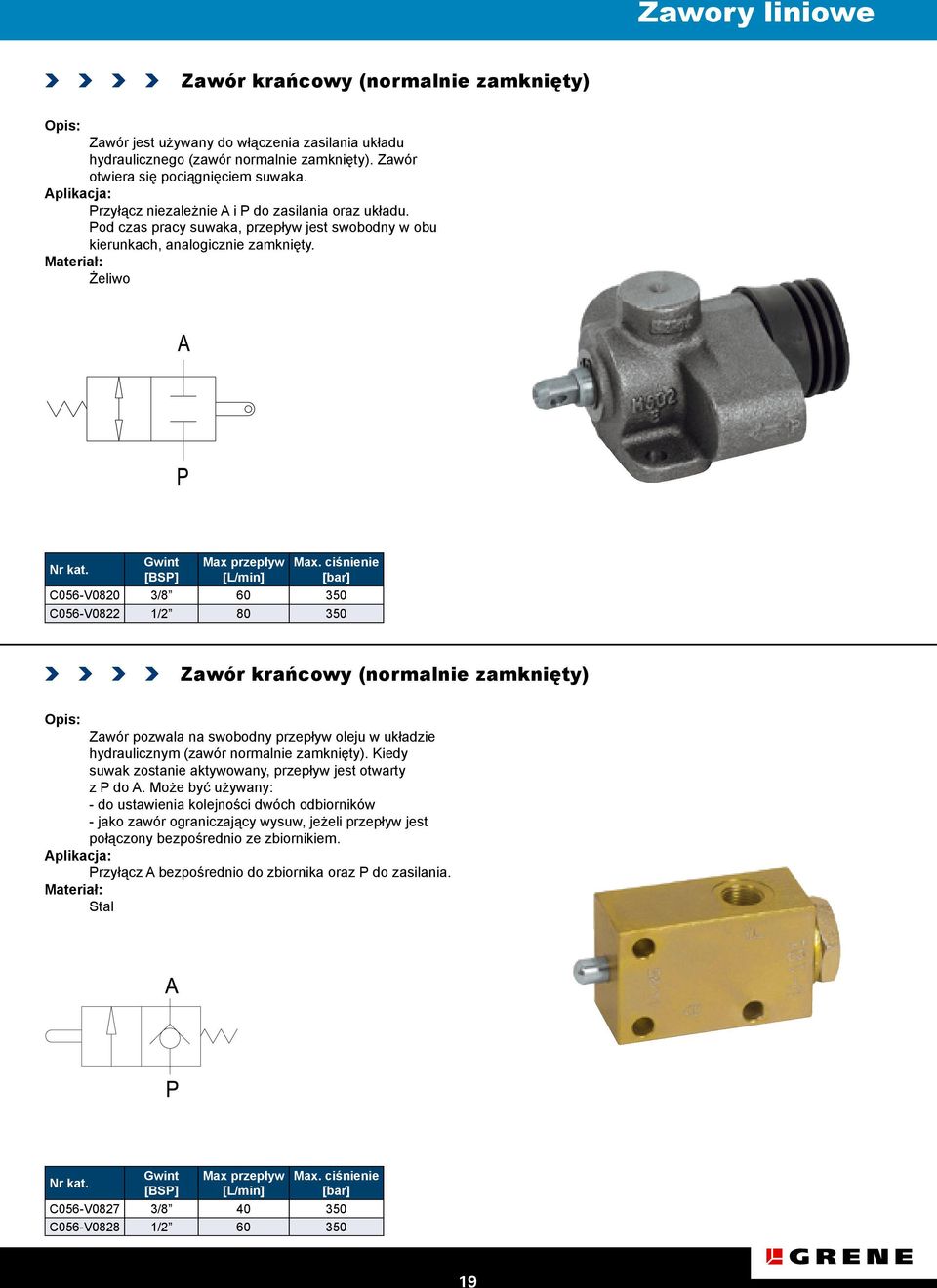 ciśnienie C056-V0820 3/8 60 350 C056-V0822 1/2 80 350 Zawór krańcowy (normalnie zamknięty) Zawór pozwala na swobodny przepływ oleju w układzie hydraulicznym (zawór normalnie zamknięty).