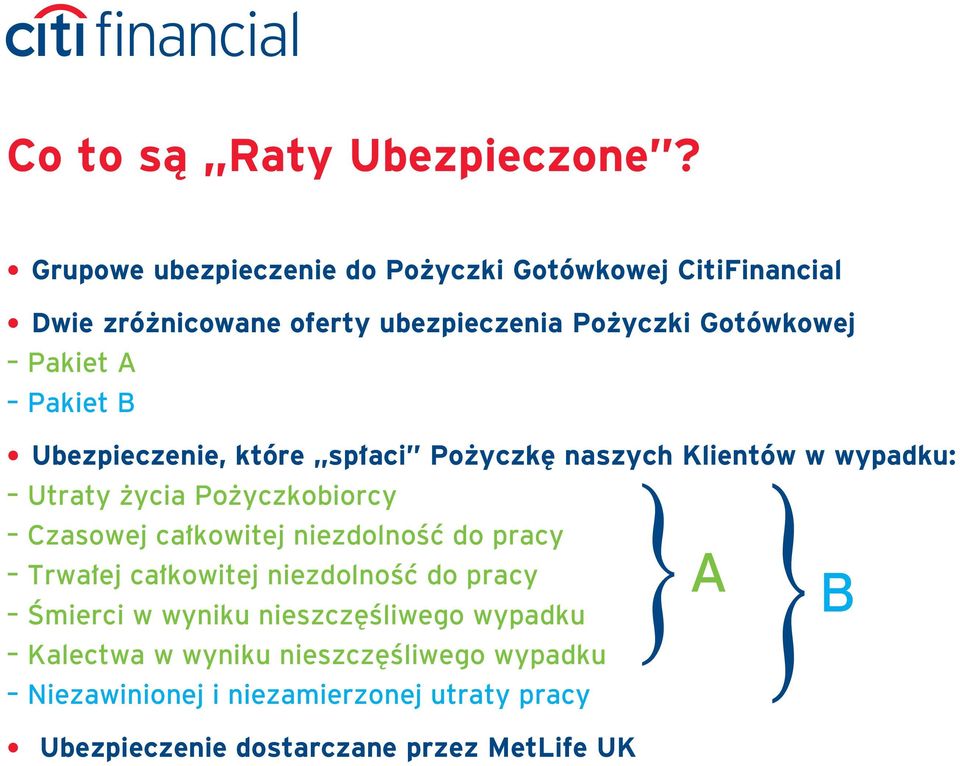 Pakiet B Ubezpieczenie, które sp aci Po yczk naszych Klientów w wypadku: } Utraty ycia Po yczkobiorcy Czasowej ca kowitej