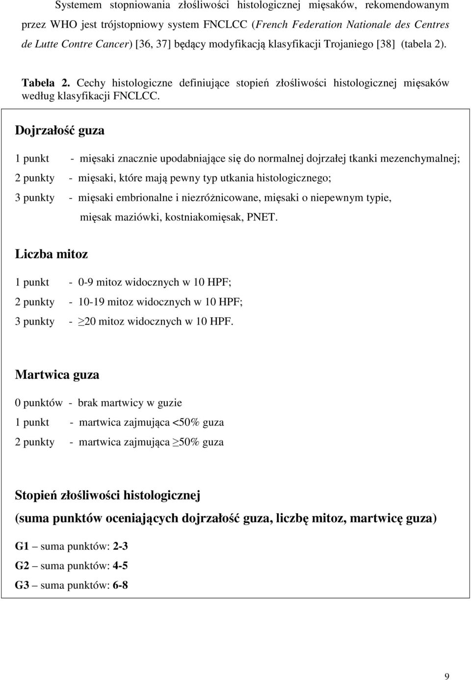 Dojrzałość guza 1 punkt - mięsaki znacznie upodabniające się do normalnej dojrzałej tkanki mezenchymalnej; 2 punkty - mięsaki, które mają pewny typ utkania histologicznego; 3 punkty - mięsaki