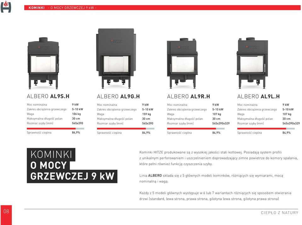 107 kg 30 cm 545x390x329 Sprawność cieplna 84,9% Sprawność cieplna 84,9% Sprawność cieplna 84,9% Sprawność cieplna 84,9% KOMINKI O MOCY GRZEWCZEJ 9 kw Kominki HITZE produkowane są z wysokiej jakości