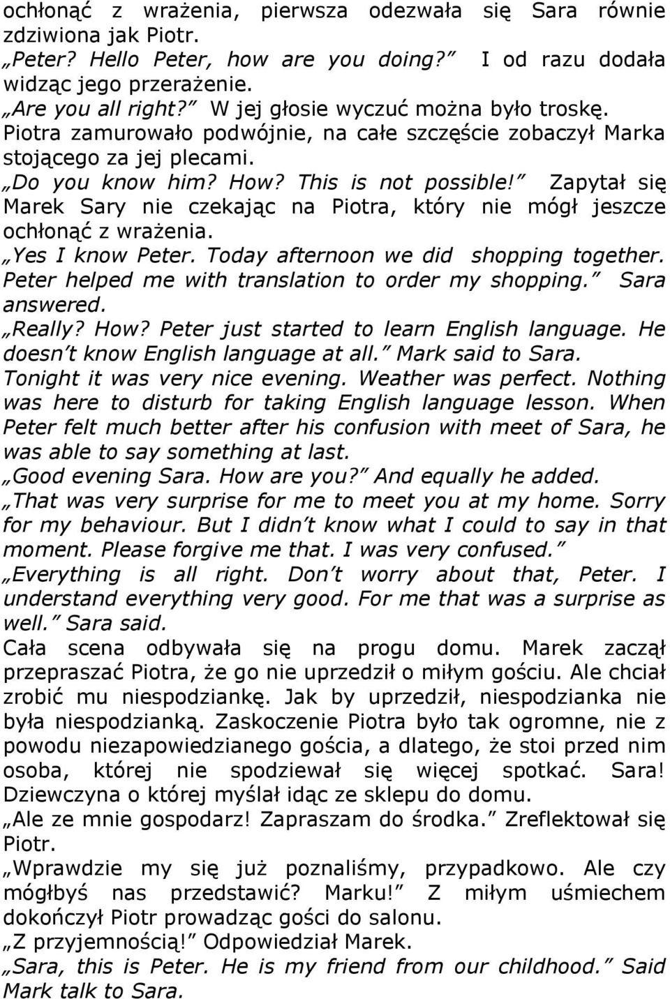 Zapytał się Marek Sary nie czekając na Piotra, który nie mógł jeszcze ochłonąć z wrażenia. Yes I know Peter. Today afternoon we did shopping together.