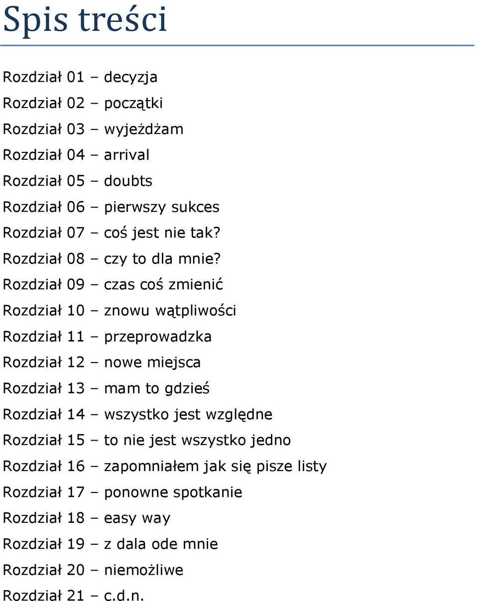 Rozdział 09 czas coś zmienić Rozdział 10 znowu wątpliwości Rozdział 11 przeprowadzka Rozdział 12 nowe miejsca Rozdział 13 mam to gdzieś