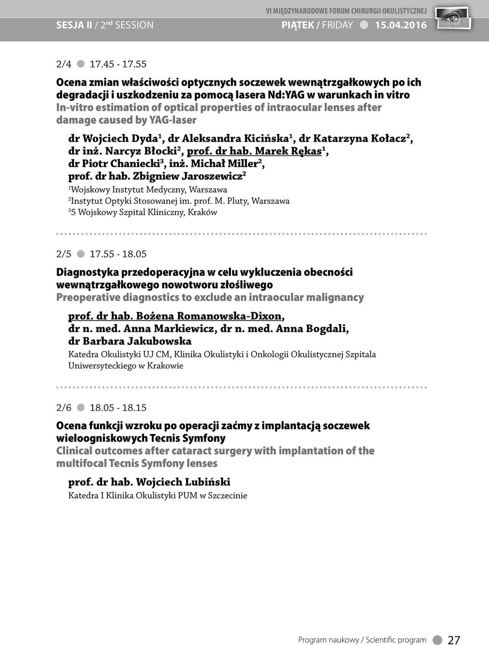 lenses after damage caused by YAG-laser dr Wojciech Dyda, dr Aleksandra Kicińska, dr Katarzyna Kołacz, dr inż. Narcyz Błocki, prof. dr hab. Marek Rękas, dr Piotr Chaniecki, inż. Michał Miller, prof.