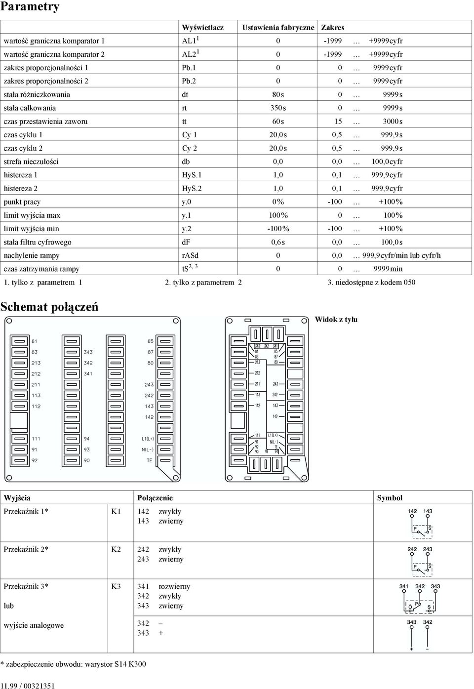 kowania rt 350s 0 9999s czas przestawienia zaworu tt 60s 15 3000s czas cyklu 1 Cy 1 20,0s 0,5 999,9s czas cyklu 2 Cy 2 20,0s 0,5 999,9s strefa nieczu!o#ci db 0,0 0,0 100,0cyfr histereza 1 HyS.