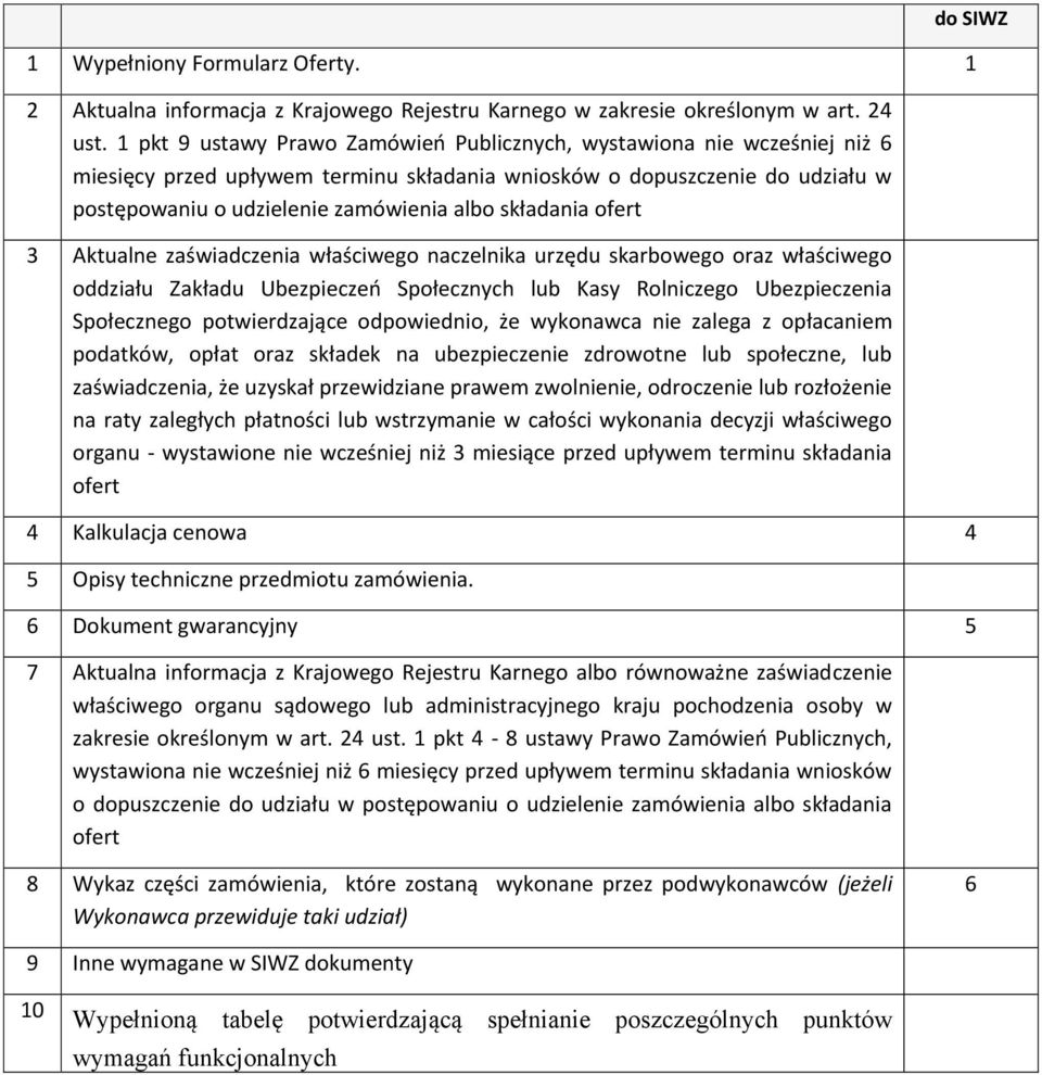 składania ofert 3 Aktualne zaświadczenia właściwego naczelnika urzędu skarbowego oraz właściwego oddziału Zakładu Ubezpieczeń Społecznych lub Kasy Rolniczego Ubezpieczenia Społecznego potwierdzające