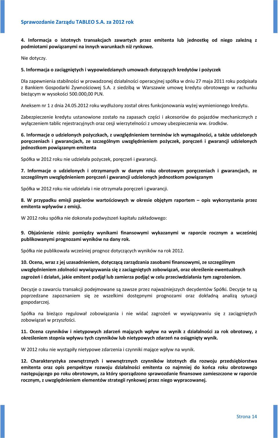 Bankiem Gospodarki Żywnościowej S.A. z siedzibą w Warszawie umowę kredytu obrotowego w rachunku bieżącym w wysokości 500.000,00 PLN. Aneksem nr 1 z dnia 24.05.