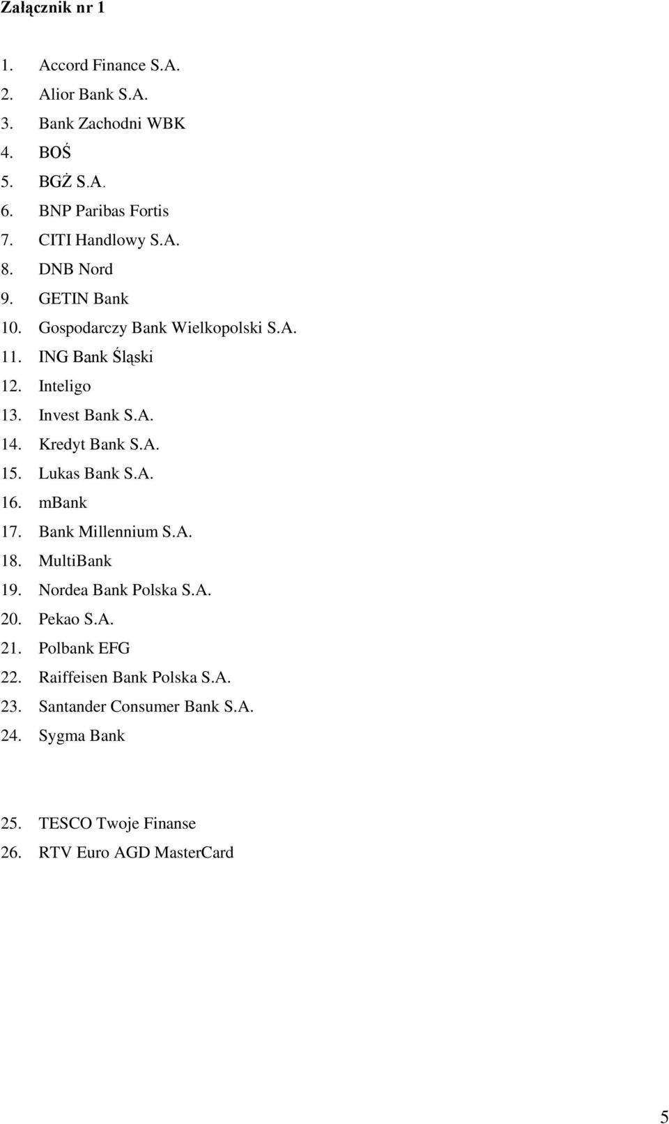 A. 14. Kredyt Bank S.A. 15. Lukas Bank S.A. 16. mbank 17. Bank Millennium S.A. 18. MultiBank 19. Nordea Bank Polska S.A. 20. Pekao S.A. 21.