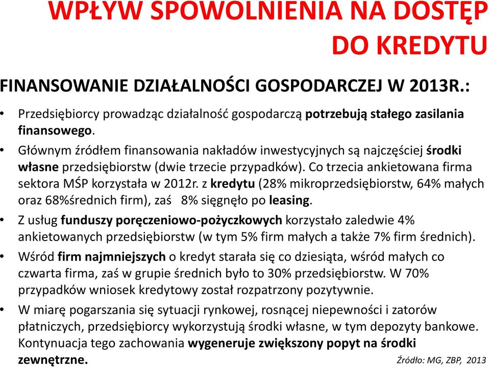 z kredytu (28% mikroprzedsiębiorstw, 64% małych oraz 68%średnich firm), zaś 8% sięgnęło po leasing.