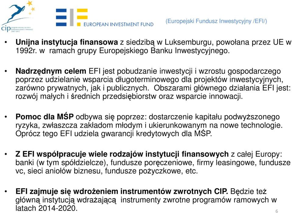 Obszarami głównego działania EFI jest: rozwój małych i średnich przedsiębiorstw oraz wsparcie innowacji.