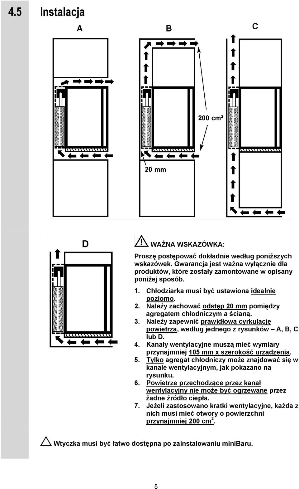 Należy zapewnić prawidłową cyrkulację powietrza, według jednego z rysunków A, B, C lub D. 4. Kanały wentylacyjne muszą mieć wymiary przynajmniej 105 mm x szerokość urządzenia. 5.