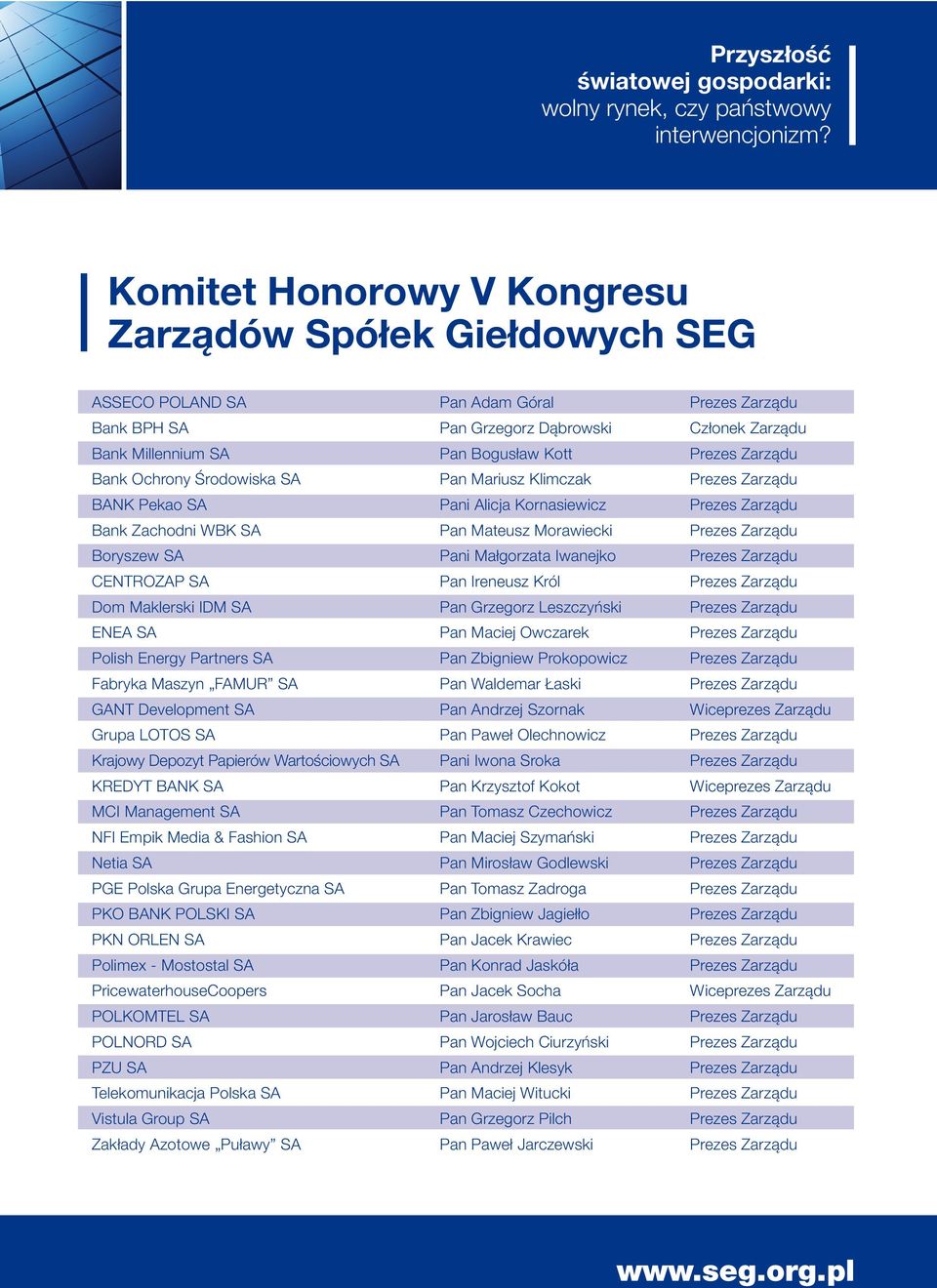 Prezes Zarządu Bank Ochrony Środowiska SA Pan Mariusz Klimczak Prezes Zarządu BANK Pekao SA Pani Alicja Kornasiewicz Prezes Zarządu Bank Zachodni WBK SA Pan Mateusz Morawiecki Prezes Zarządu Boryszew