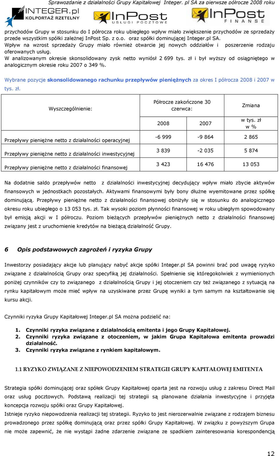 zł i był wyŝszy od osiągniętego w analogicznym okresie roku 2007 o 349 %. Wybrane pozycje skonsolidowanego rachunku przepływów pienięŝnych za okres I półrocza 2008 i 2007 w tys. zł.