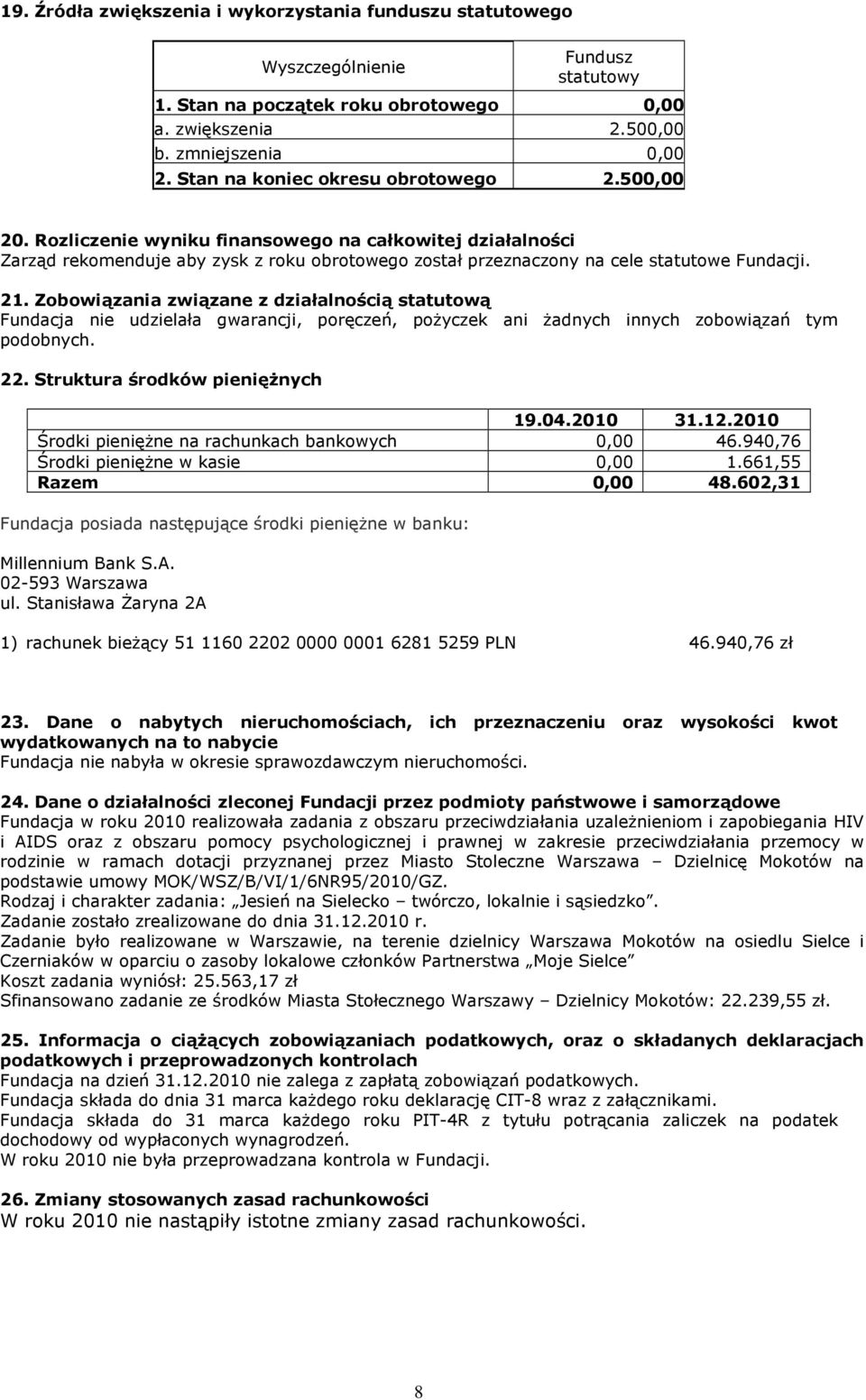 21. Zobowiązania związane z działalnością statutową Fundacja nie udzielała gwarancji, poręczeń, poŝyczek ani Ŝadnych innych zobowiązań tym podobnych. 22. Struktura środków pienięŝnych 19.04.2010 31.