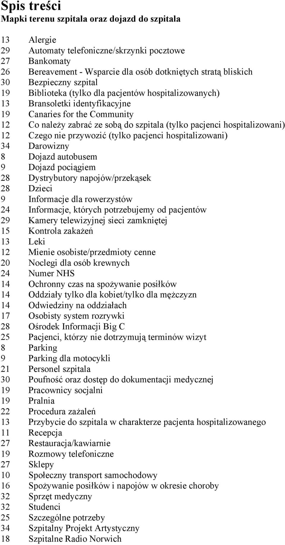 hospitalizowani) 12 Czego nie przywozić (tylko pacjenci hospitalizowani) 34 Darowizny 8 Dojazd autobusem 9 Dojazd pociągiem 28 Dystrybutory napojów/przekąsek 28 Dzieci 9 Informacje dla rowerzystów 24