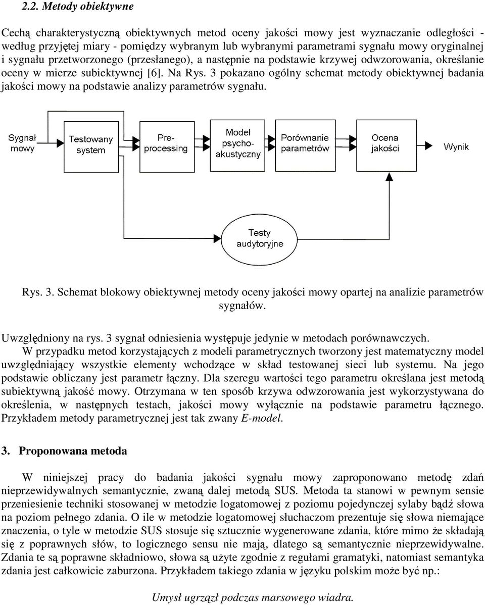 3 pokazano ogólny schemat metody obiektywnej badania jakości mowy na podstawie analizy parametrów sygnału. Rys. 3.