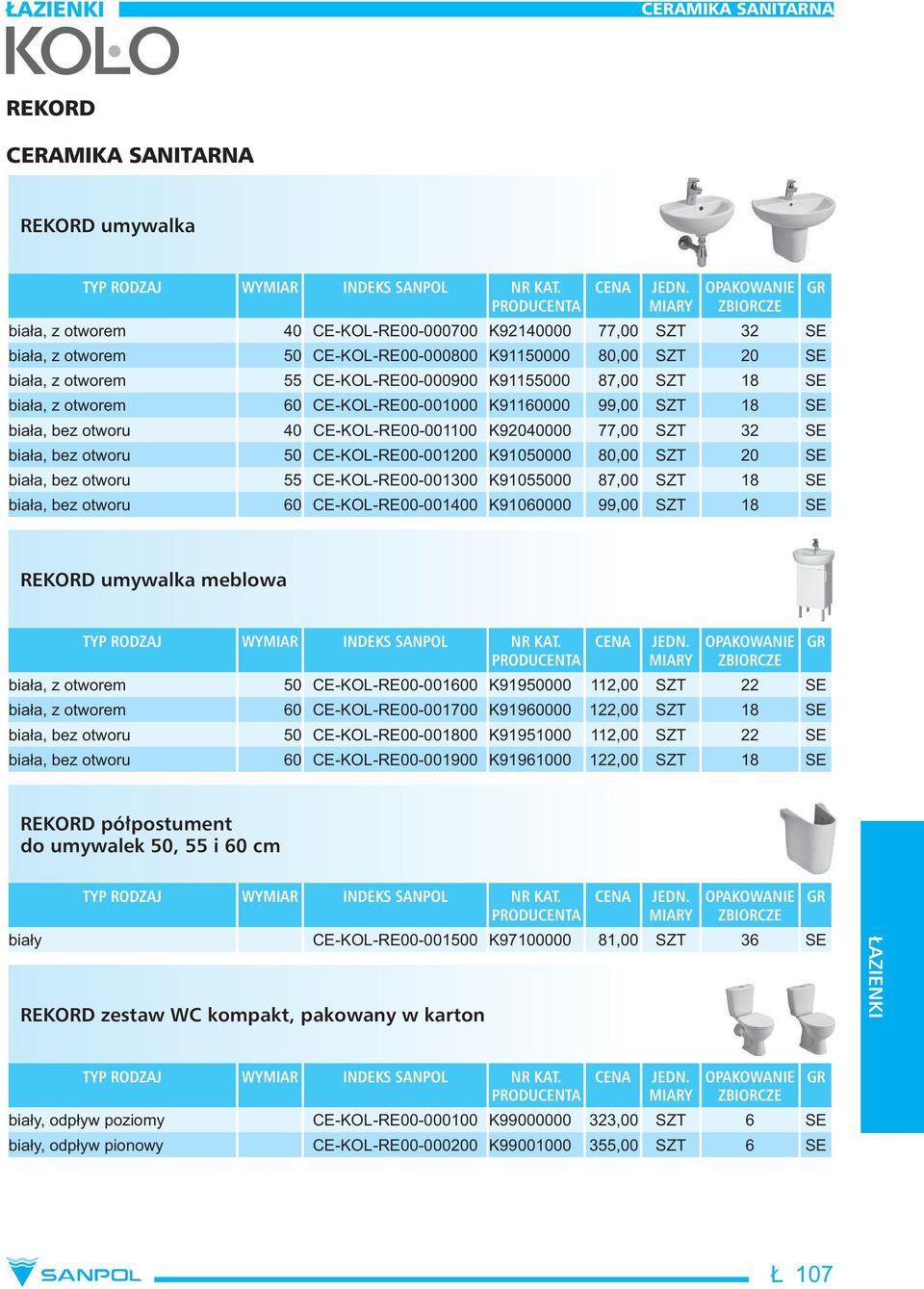 K91050000 80,00 SZT 20 SE bia a, bez otworu 55 CE-KOL-RE00-001300 K91055000 87,00 SZT 18 SE bia a, bez otworu 60 CE-KOL-RE00-001400 K91060000 99,00 SZT 18 SE REKORD umywalka meblowa bia a, z otworem