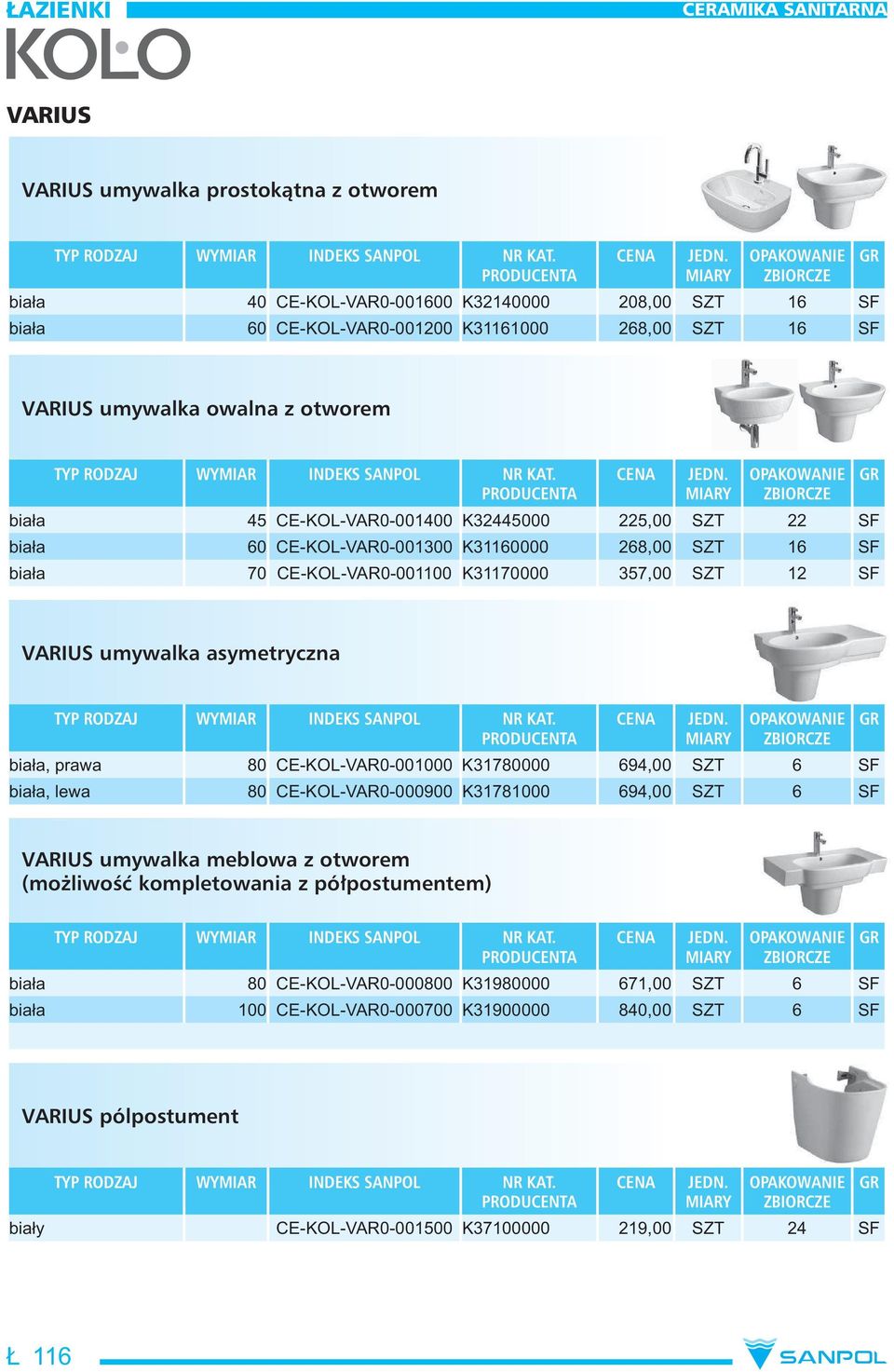 asymetryczna bia a, prawa 80 CE-KOL-VAR0-001000 K31780000 694,00 SZT 6 SF bia a, lewa 80 CE-KOL-VAR0-000900 K31781000 694,00 SZT 6 SF VARIUS umywalka meblowa z otworem (możliwość