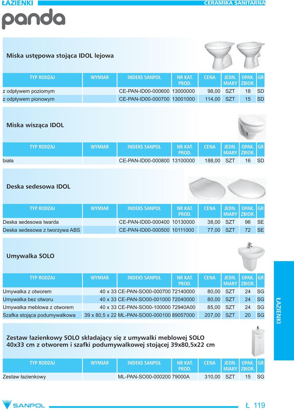 Deska sedesowa twarda CE-PAN-ID00-000400 10130000 38,00 SZT 96 SE Deska sedesowa z tworzywa ABS CE-PAN-ID00-000500 10111000 77,00 SZT 72 SE Umywalka SOLO PROD.