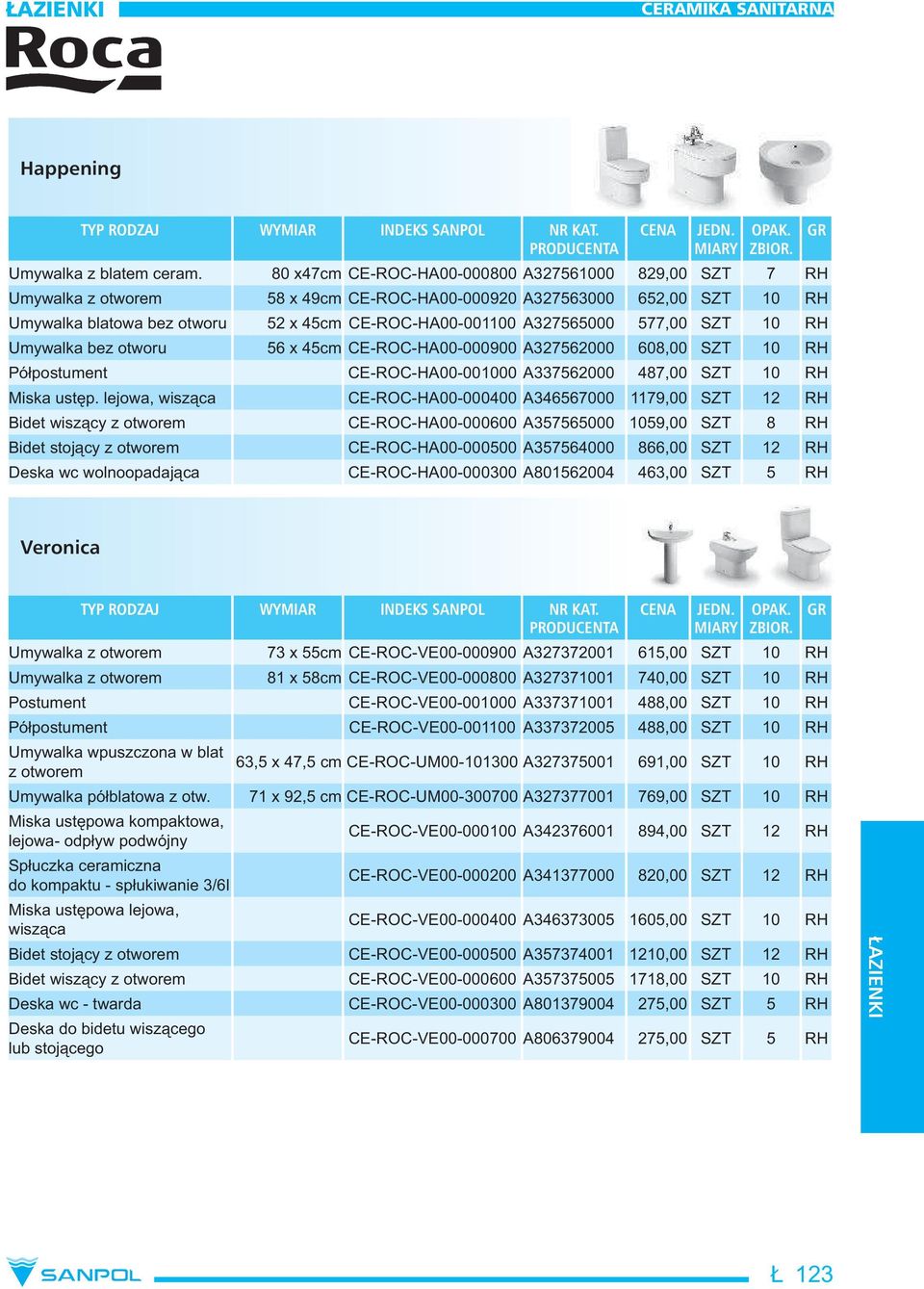 577,00 SZT 10 RH Umywalka bez otworu 56 x 45cm CE-ROC-HA00-000900 A327562000 608,00 SZT 10 RH Pó postument CE-ROC-HA00-001000 A337562000 487,00 SZT 10 RH Miska ust p.