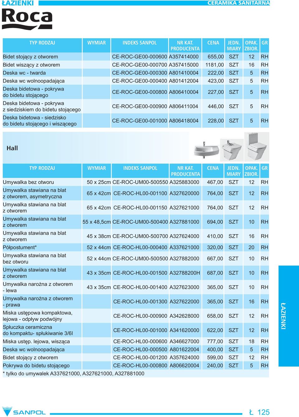 siedzisko do bidetu stoj cego i wisz cego CE-ROC-GE00-000800 A806410004 227,00 SZT 5 RH CE-ROC-GE00-000900 A806411004 446,00 SZT 5 RH CE-ROC-GE00-001000 A806418004 228,00 SZT 5 RH Hall Umywalka bez