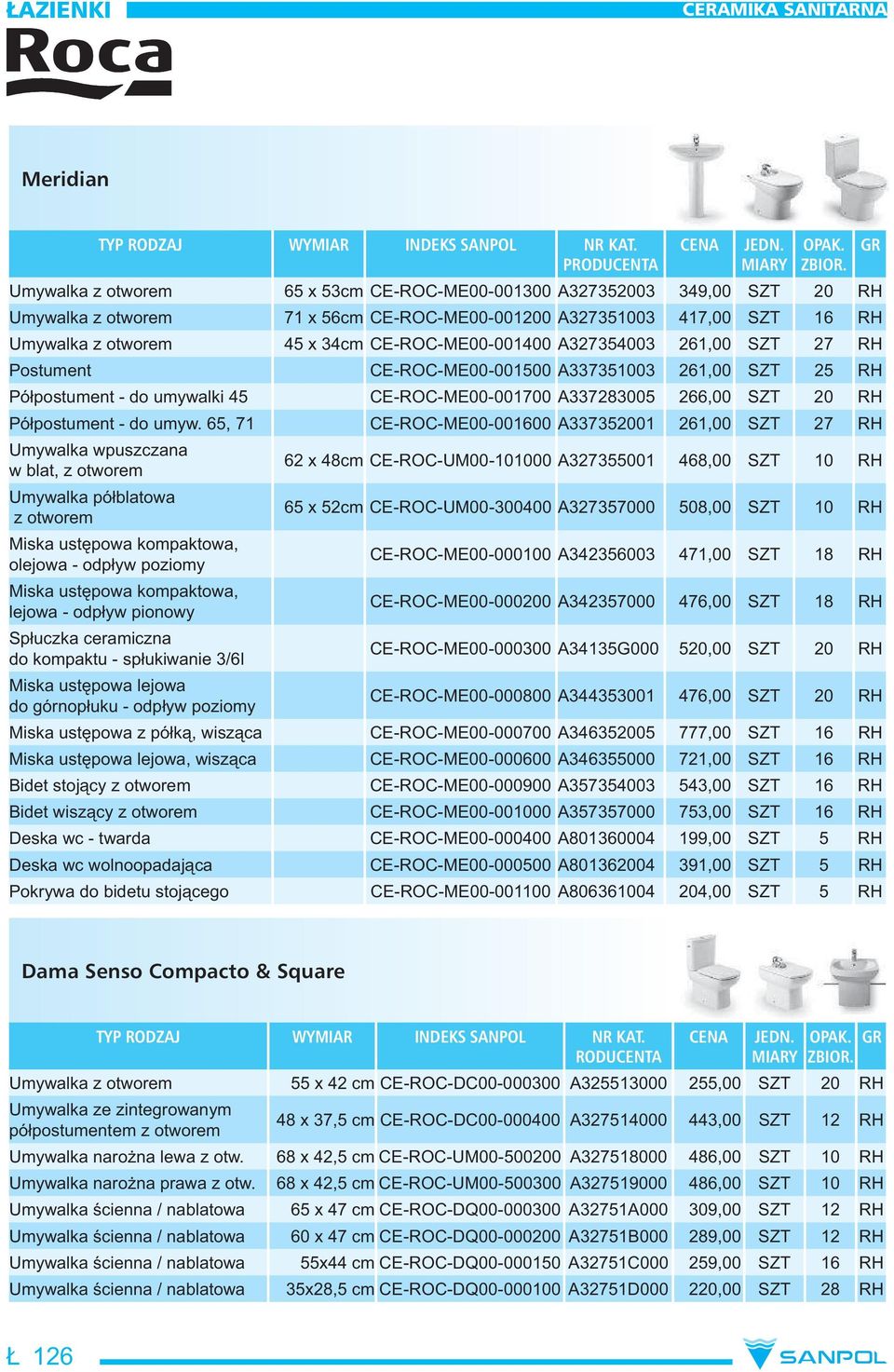 umyw. 65, 71 CE-ROC-ME00-001600 A337352001 261,00 SZT 27 RH Umywalka wpuszczana w blat, z otworem Umywalka pó blatowa z otworem Miska ust powa kompaktowa, olejowa - odp yw poziomy Miska ust powa