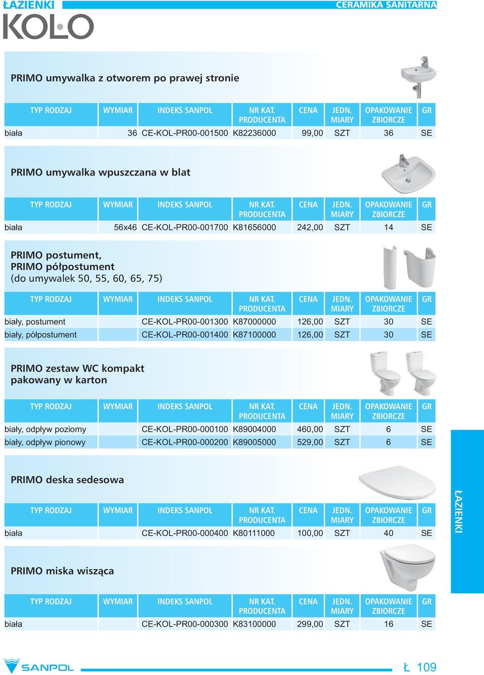 CE-KOL-PR00-001400 K87100000 126,00 SZT 30 SE PRIMO zestaw WC kompakt pakowany w karton bia y, odp yw poziomy CE-KOL-PR00-000100 K89004000 460,00 SZT 6 SE bia y, odp yw pionowy