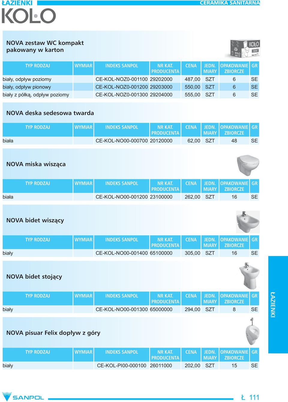 20120000 62,00 SZT 48 SE NOVA miska wisząca bia a CE-KOL-NO00-001200 23100000 262,00 SZT 16 SE NOVA bidet wiszący bia y CE-KOL-NO00-001400 65100000 305,00