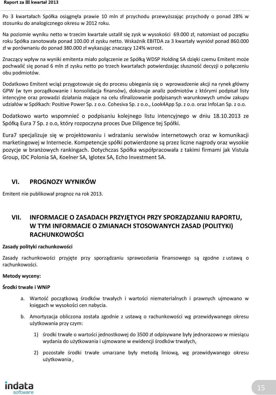 Wskaźnik EBITDA za 3 kwartały wyniósł ponad 860.000 zł w porównaniu do ponad 380.000 zł wykazując znaczący 124% wzrost.