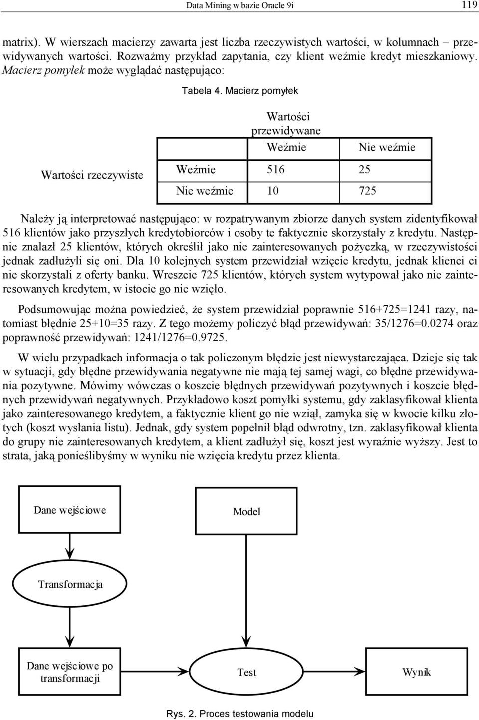 Macierz pomyłek Wartości rzeczywiste Wartości przewidywane Weźmie Weźmie 516 25 Nie weźmie 10 725 Nie weźmie Należy ją interpretować następująco: w rozpatrywanym zbiorze danych system zidentyfikował