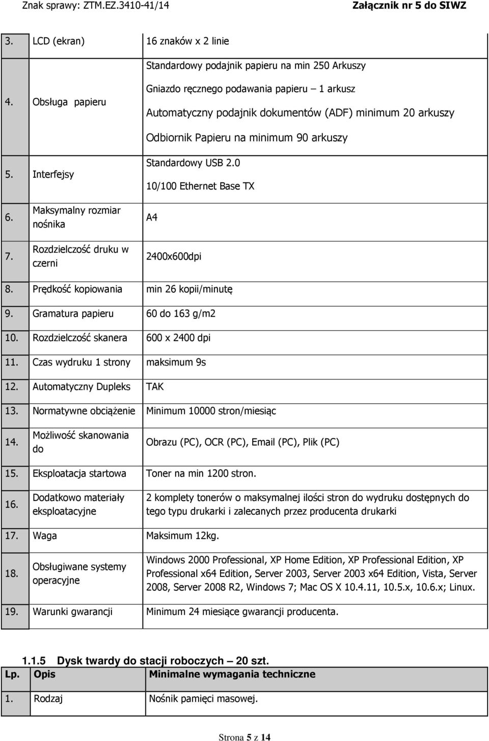 0 10/100 Ethernet Base TX 6. 7. Maksymalny rozmiar nośnika Rozdzielczość druku w czerni A4 2400x600dpi 8. Prędkość kopiowania min 26 kopii/minutę 9. Gramatura papieru 60 do 163 g/m2 10.