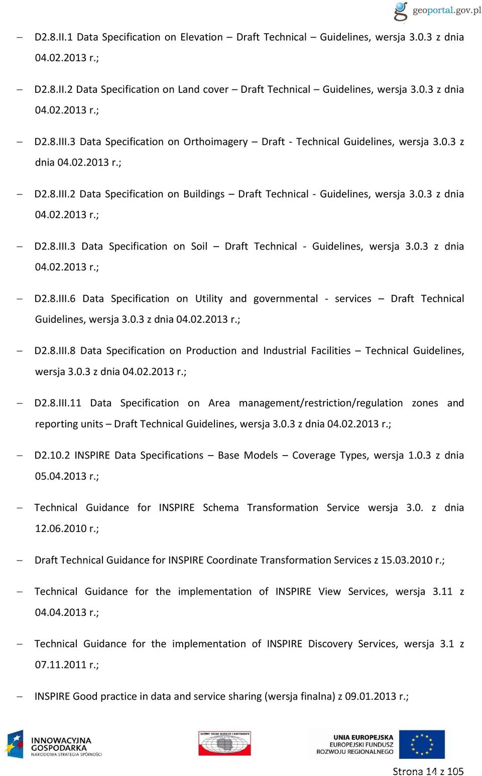 0.3 z dnia 04.02.2013 r.; D2.8.III.6 Data Specification on Utility and governmental - services Draft Technical Guidelines, wersja 3.0.3 z dnia 04.02.2013 r.; D2.8.III.8 Data Specification on Production and Industrial Facilities Technical Guidelines, wersja 3.