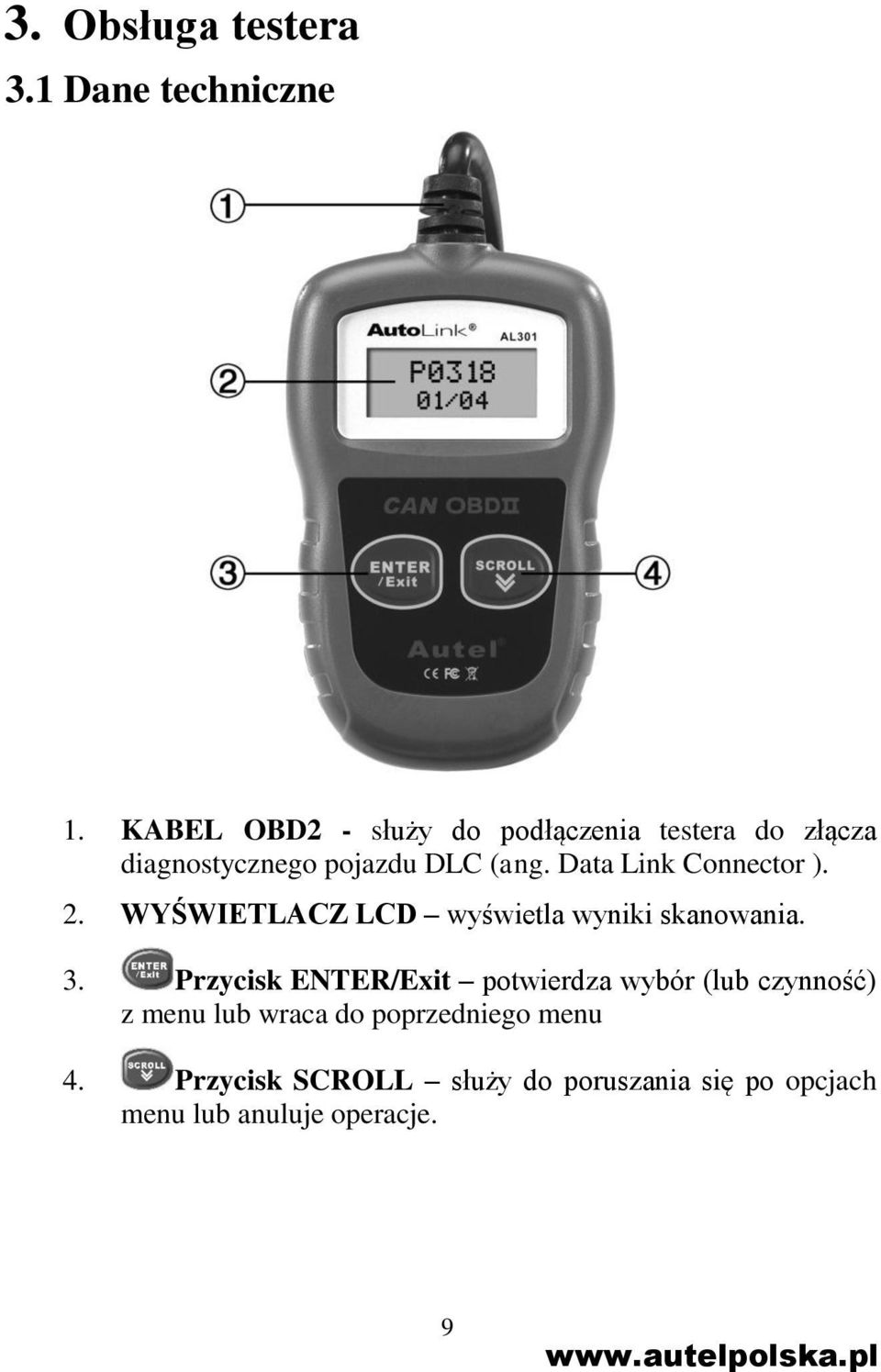 Data Link Connector ). 2. WYŚWIETLACZ LCD wyświetla wyniki skanowania. 3.