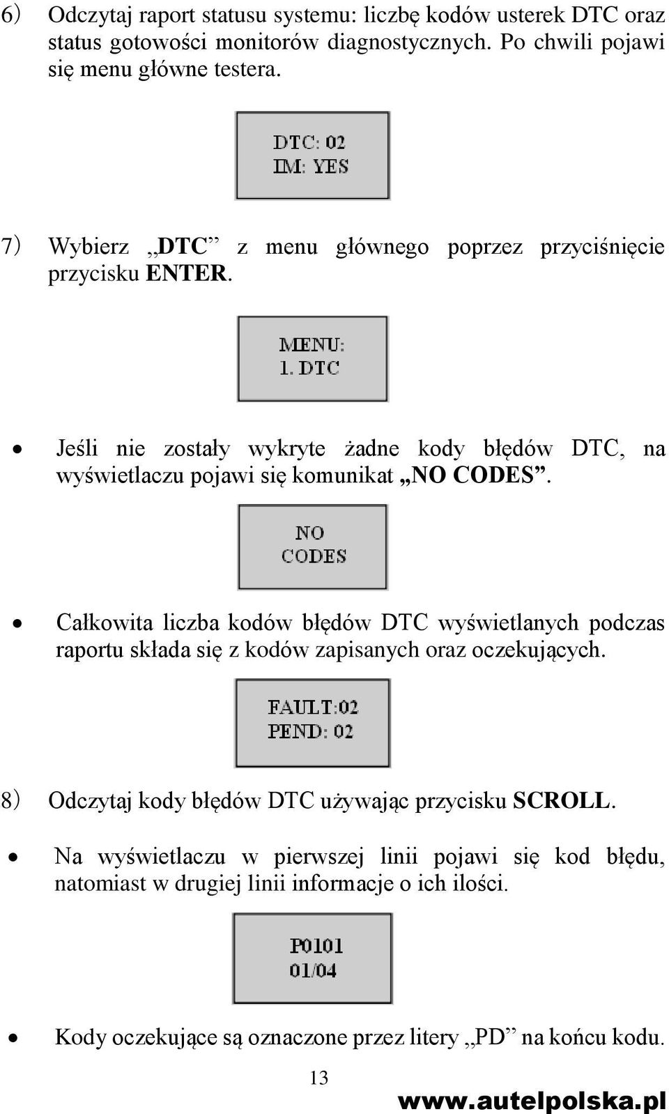 Jeśli nie zostały wykryte żadne kody błędów DTC, na wyświetlaczu pojawi się komunikat NO CODES.