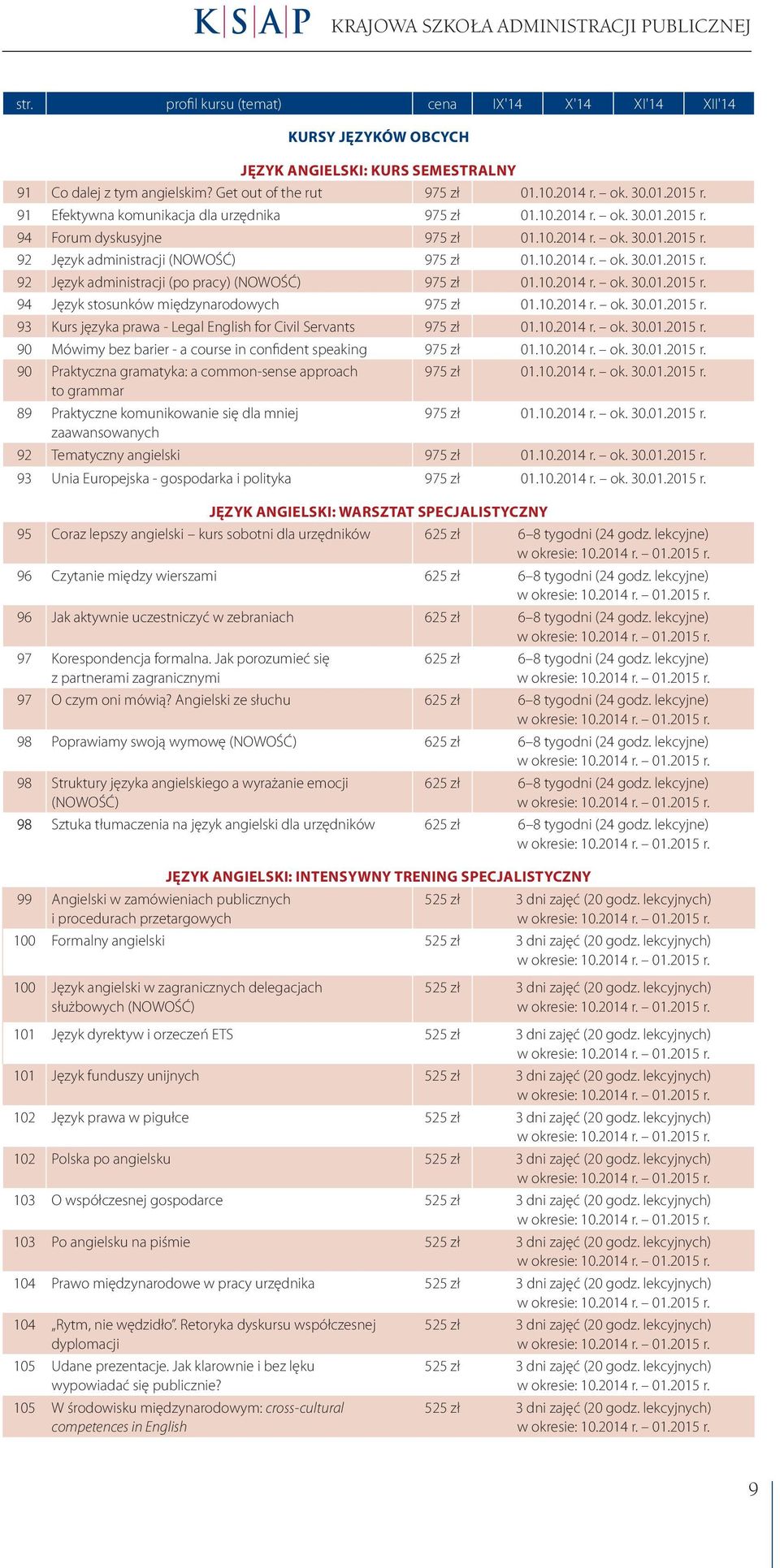 10.2014 r. ok. 30.01.2015 r. 92 Język administracji (po pracy) (NOWOŚĆ) 975 zł 01.10.2014 r. ok. 30.01.2015 r. 94 Język stosunków międzynarodowych 975 zł 01.10.2014 r. ok. 30.01.2015 r. 93 Kurs języka prawa - Legal English for Civil Servants 975 zł 01.