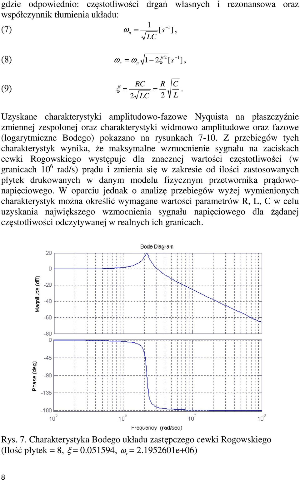 7-10. Z przebiegów tych charakterystyk wynika, że maksymalne wzmocnienie sygnału na zaciskach cewki Rogowskiego występuje dla znacznej wartości częstotliwości (w granicach 10 6 rad/s) prądu i zmienia