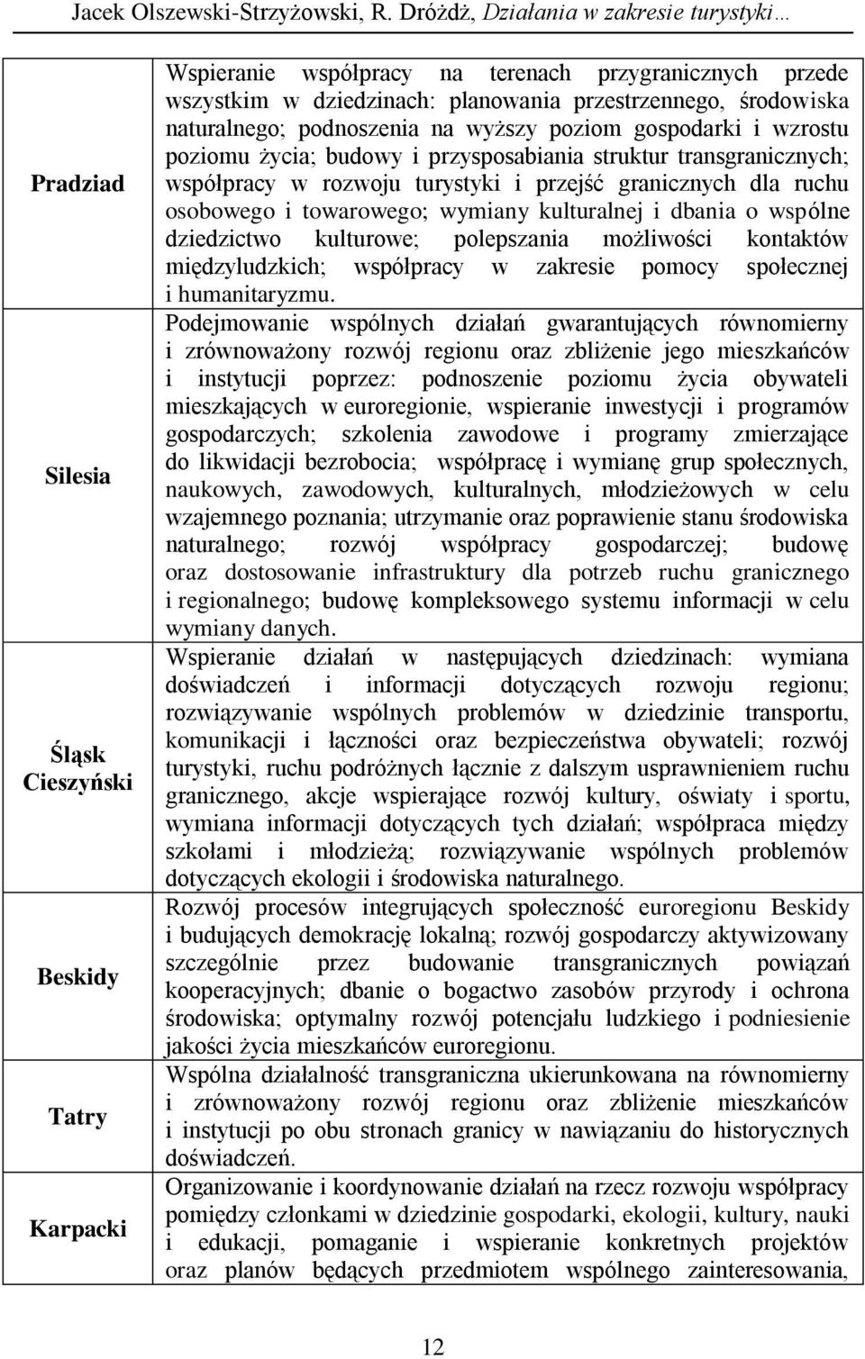 przestrzennego, środowiska naturalnego; podnoszenia na wyższy poziom gospodarki i wzrostu poziomu życia; budowy i przysposabiania struktur transgranicznych; współpracy w rozwoju turystyki i przejść