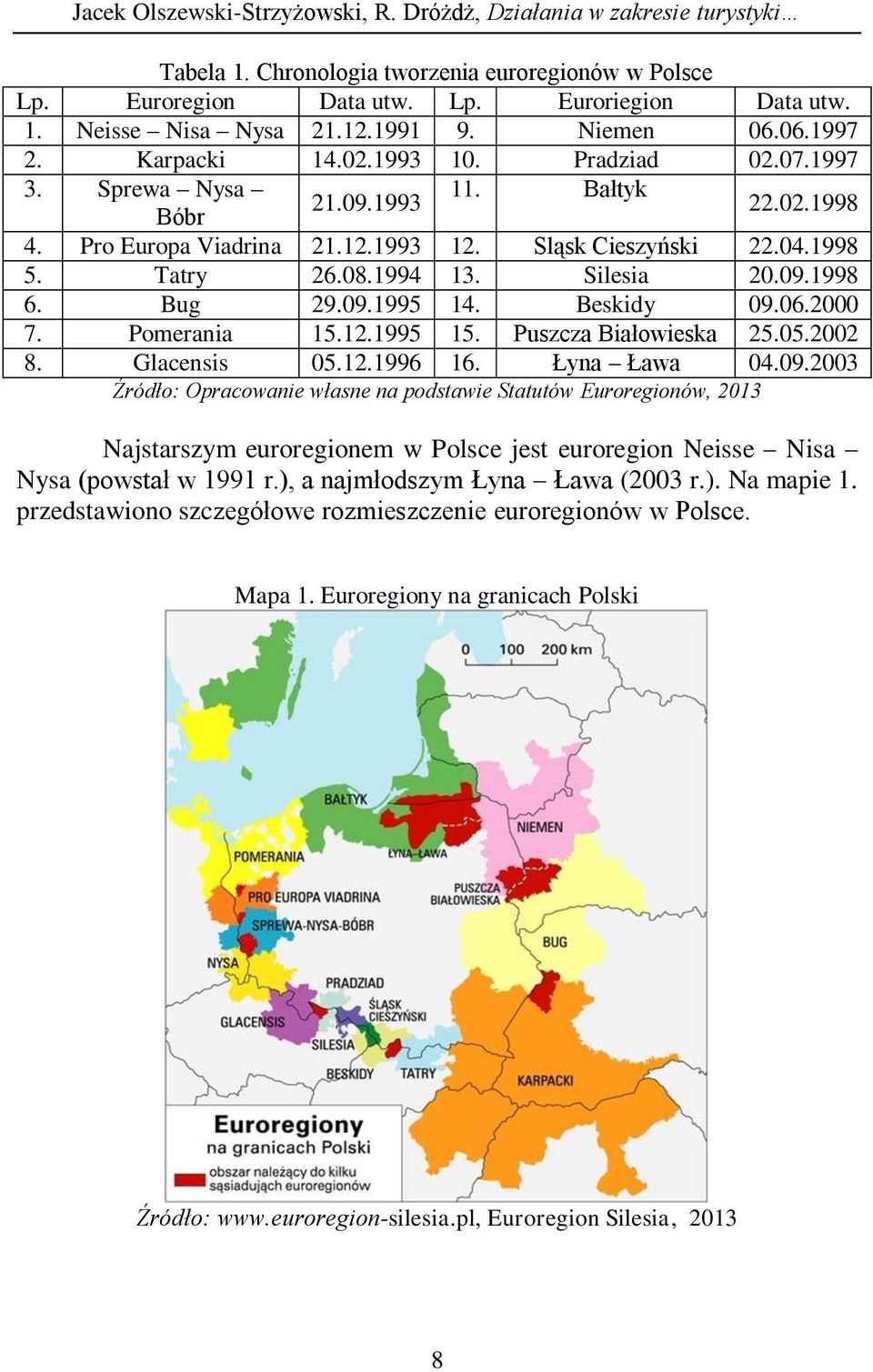 Tatry 26.08.1994 13. Silesia 20.09.1998 6. Bug 29.09.1995 14. Beskidy 09.06.2000 7. Pomerania 15.12.1995 15. Puszcza Białowieska 25.05.2002 8. Glacensis 05.12.1996 16. Łyna Ława 04.09.2003 Źródło: Opracowanie własne na podstawie Statutów Euroregionów, 2013 Najstarszym euroregionem w Polsce jest euroregion Neisse Nisa Nysa (powstał w 1991 r.