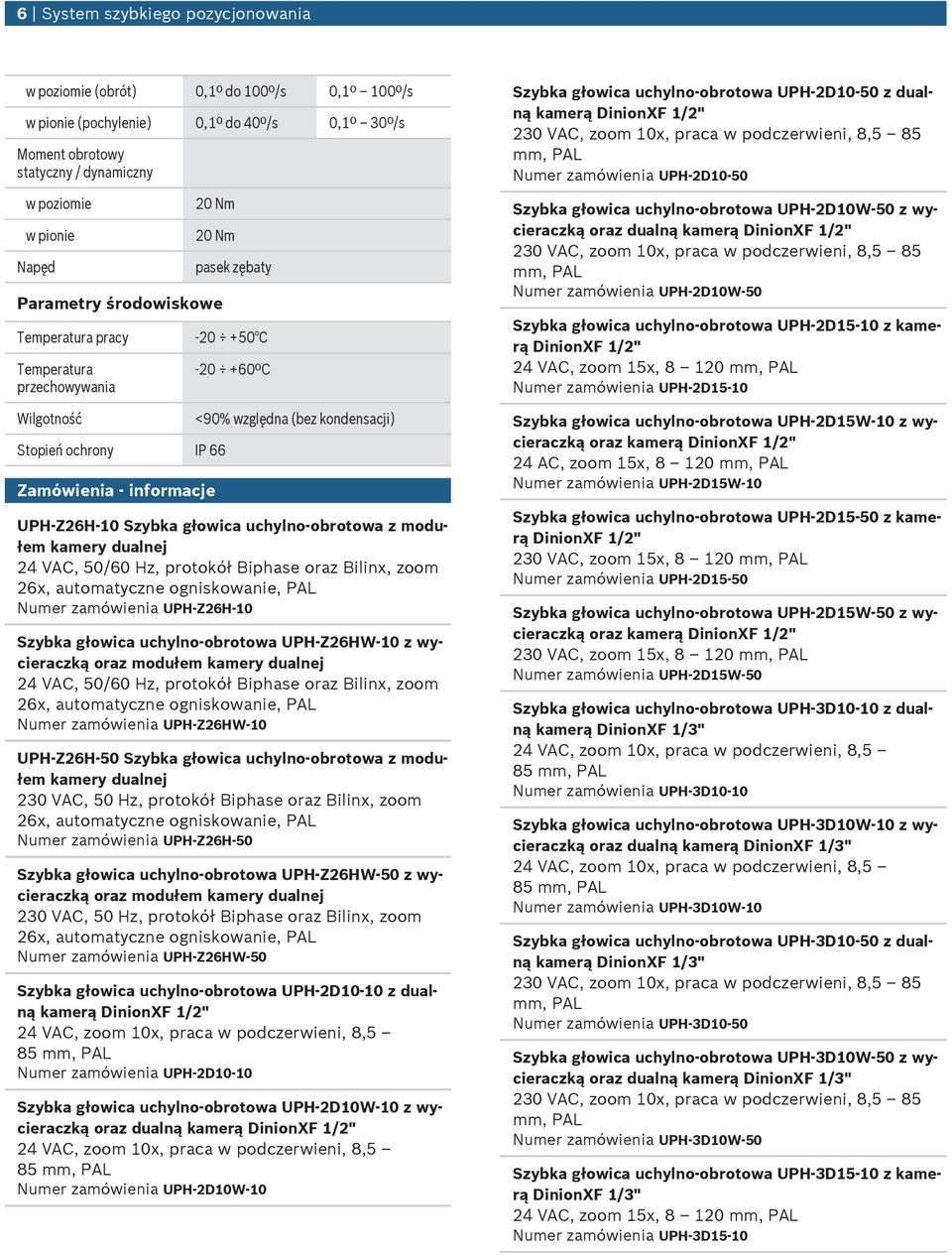 Z26H 10 Szybka głowica chylno-obrotowa z modłem kamery dalnej 24 VAC, 50/60 Hz, protokół Biphase oraz Bilinx, zoom 26x, atomatyczne ogniskowanie, PAL Nmer zamówienia UPH-Z26H-10 Szybka głowica